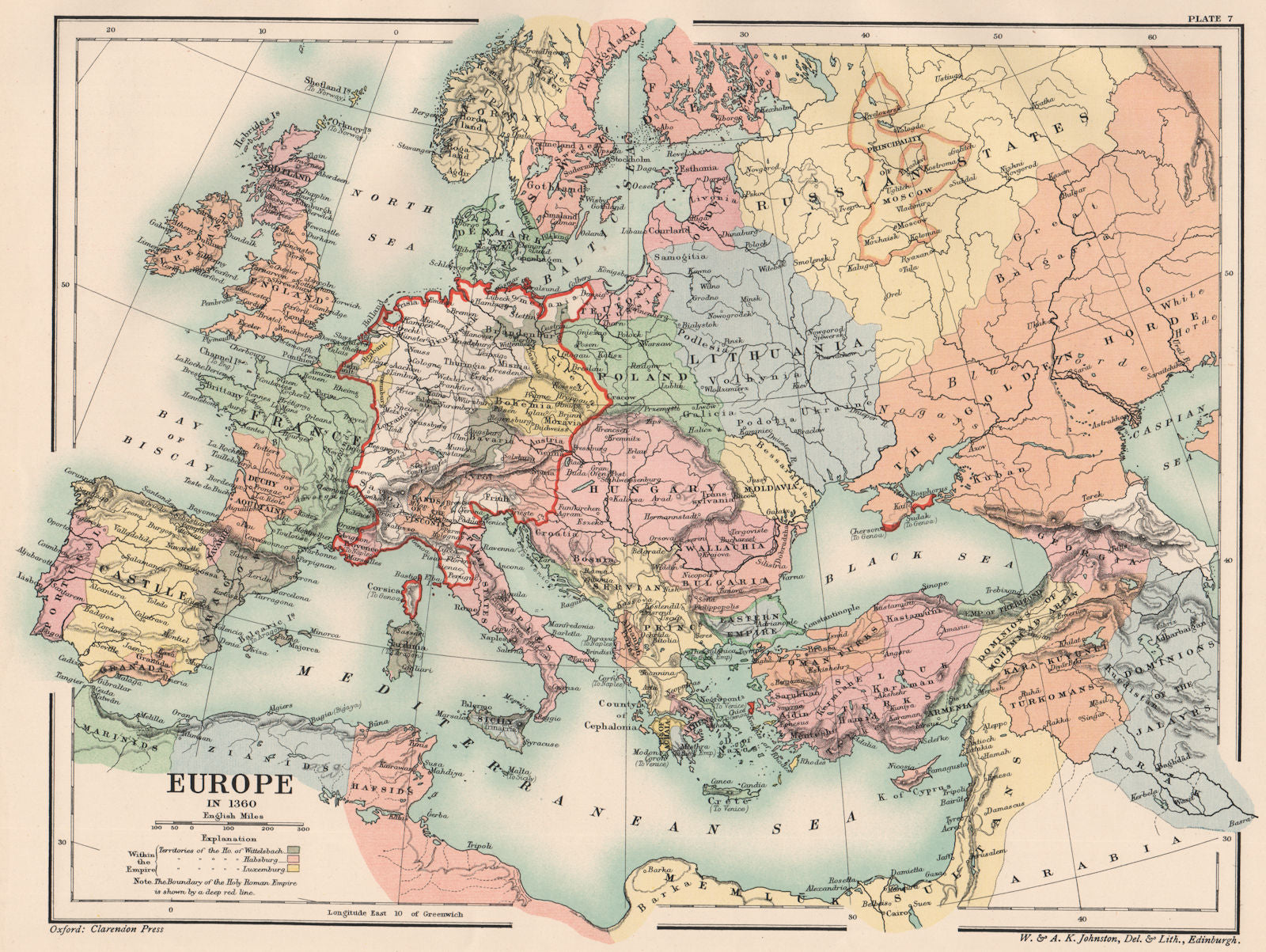 HOLY ROMAN EMPIRE. Europe in 1360 1902 old antique vintage map plan chart